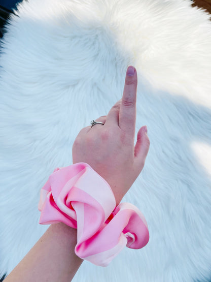 CAROLINA | EMI AND CO | pink satin scrunchie on wrist 