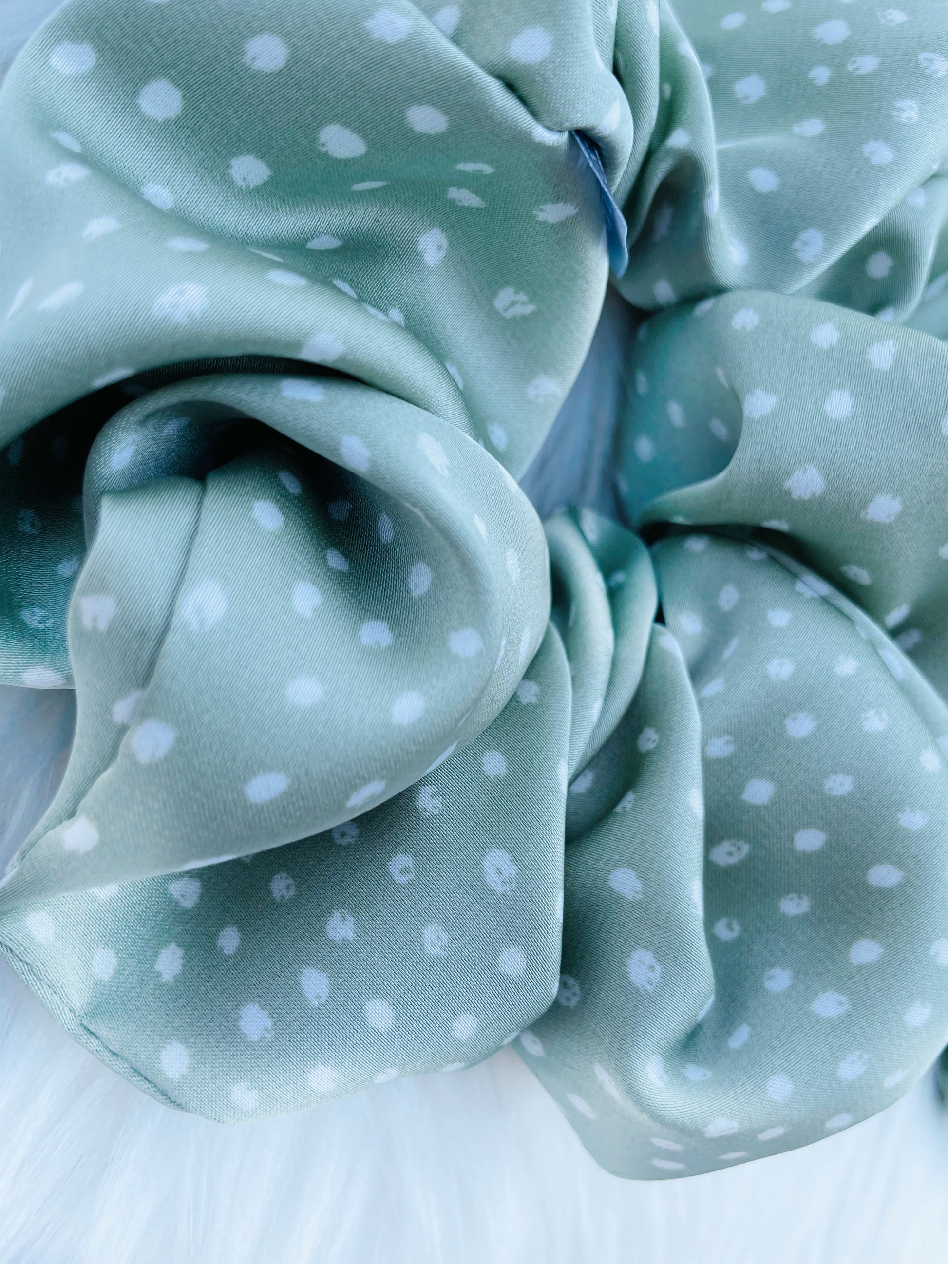 CHASITY | EMI AND CO | green satin polka dot scrunchie