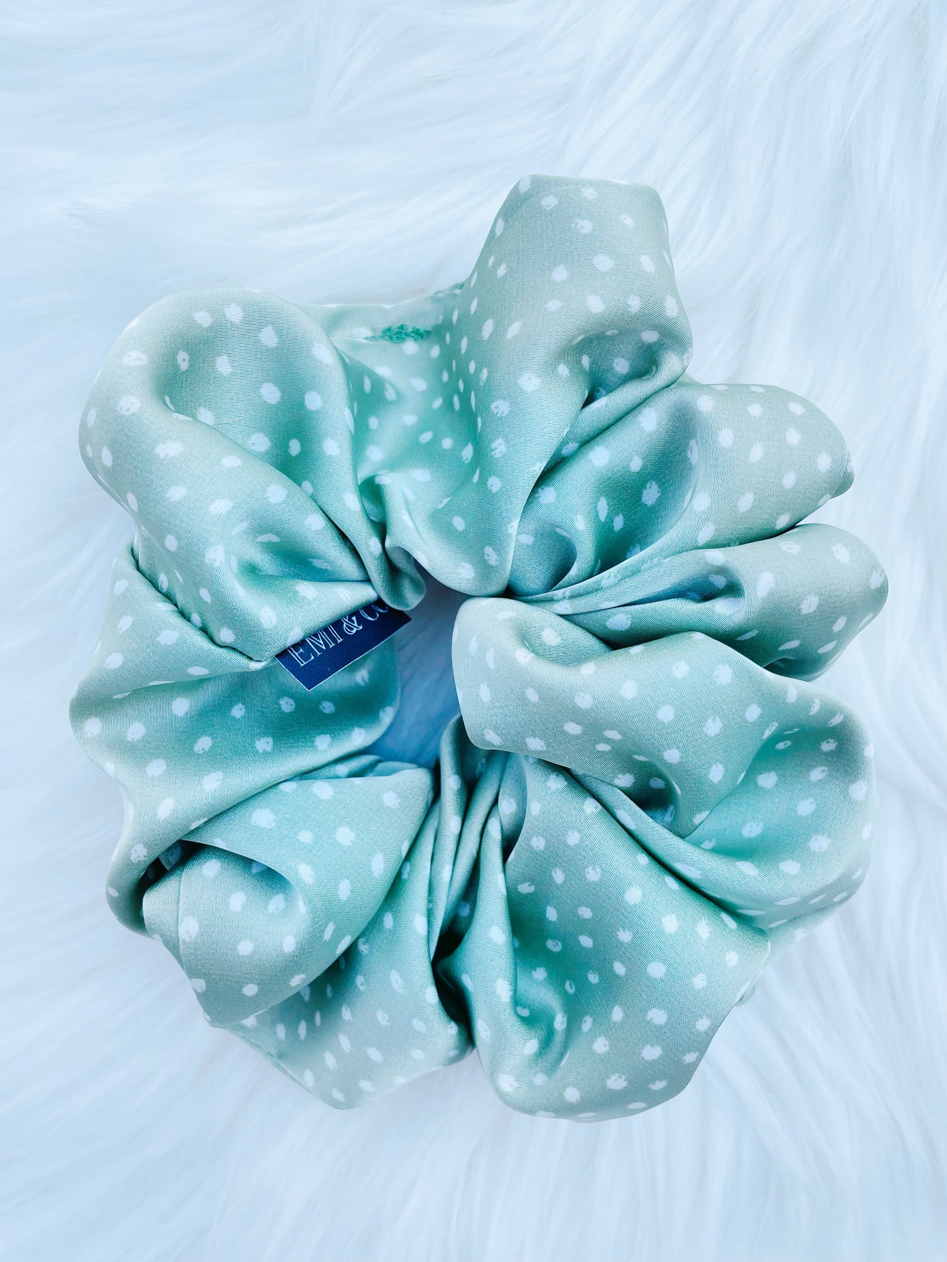 CHASITY | EMI AND CO| green satin polka dot scrunchie