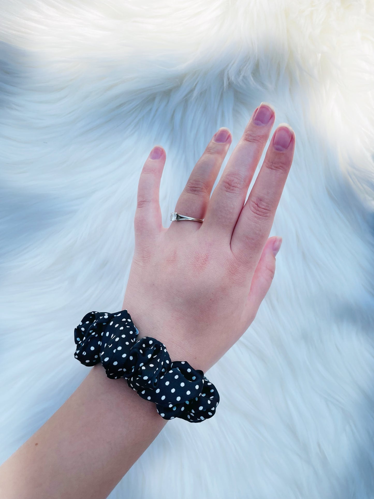 LEILANI MINI |EMI AND CO | mini black satin polka dot scrunchie