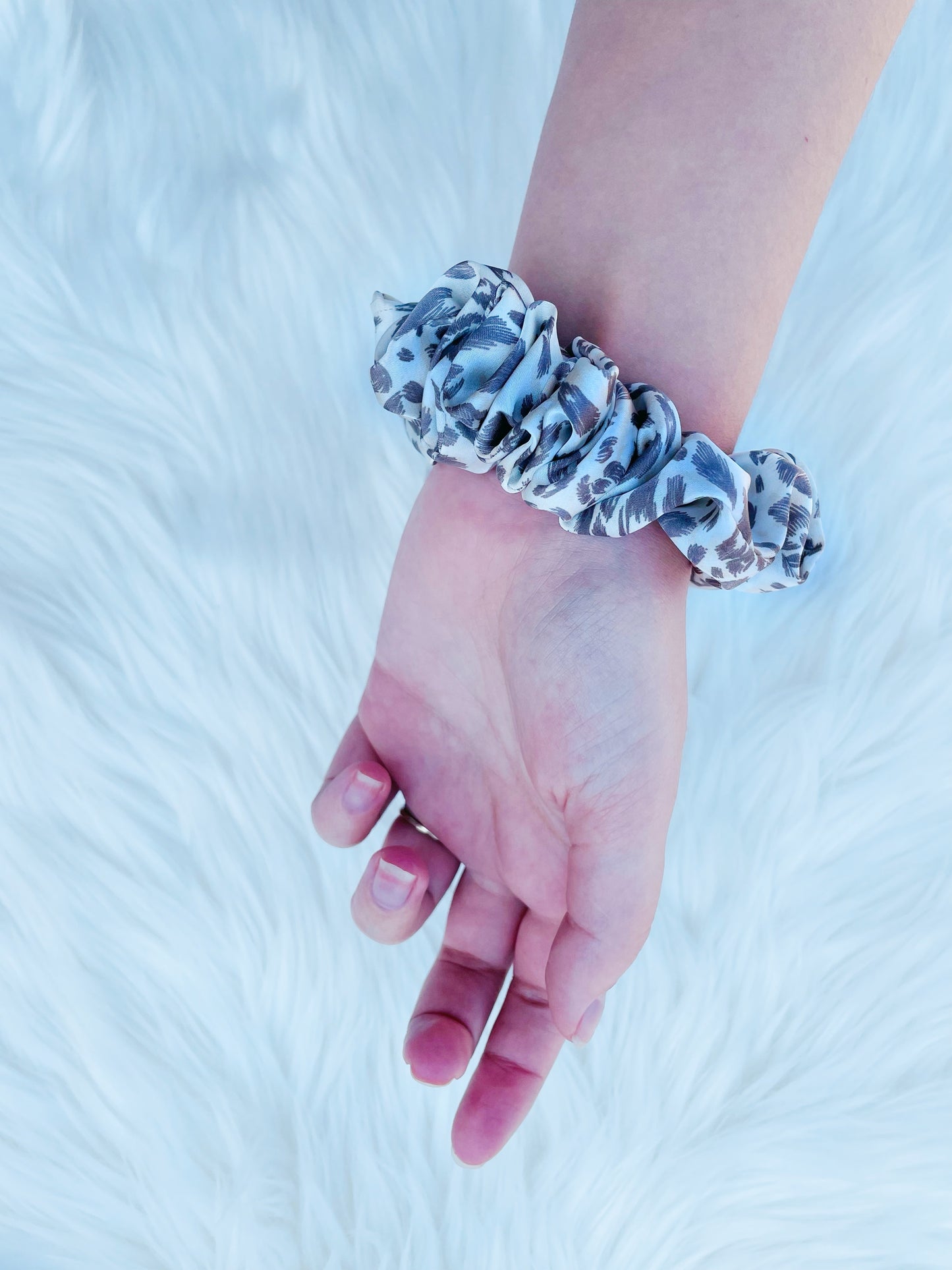 Mini leopard print satin scrunchie on hand| EMI AND CO | AMITY MINI