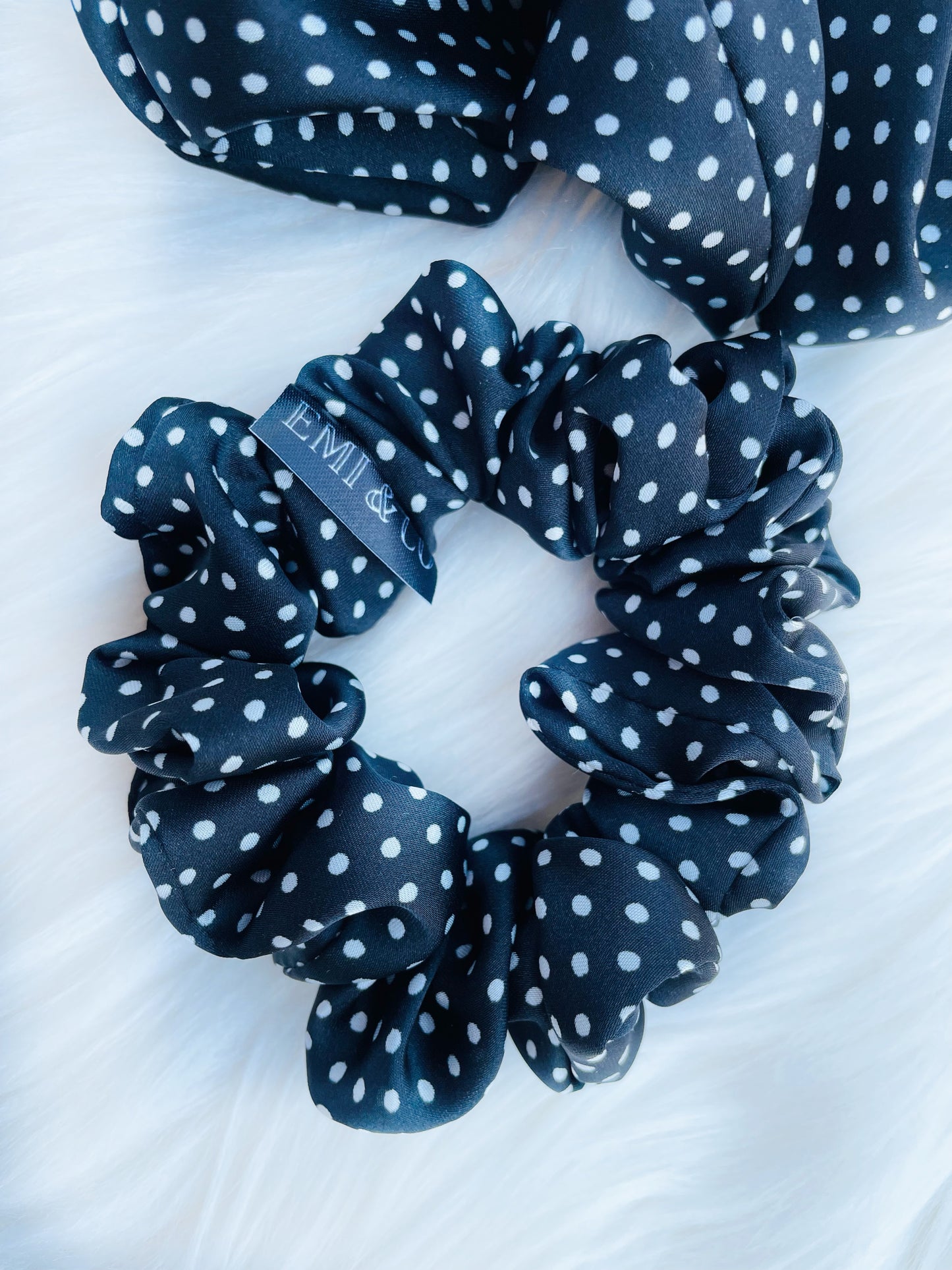 LEILANI MINI |EMI AND CO | mini black satin polka dot scrunchie