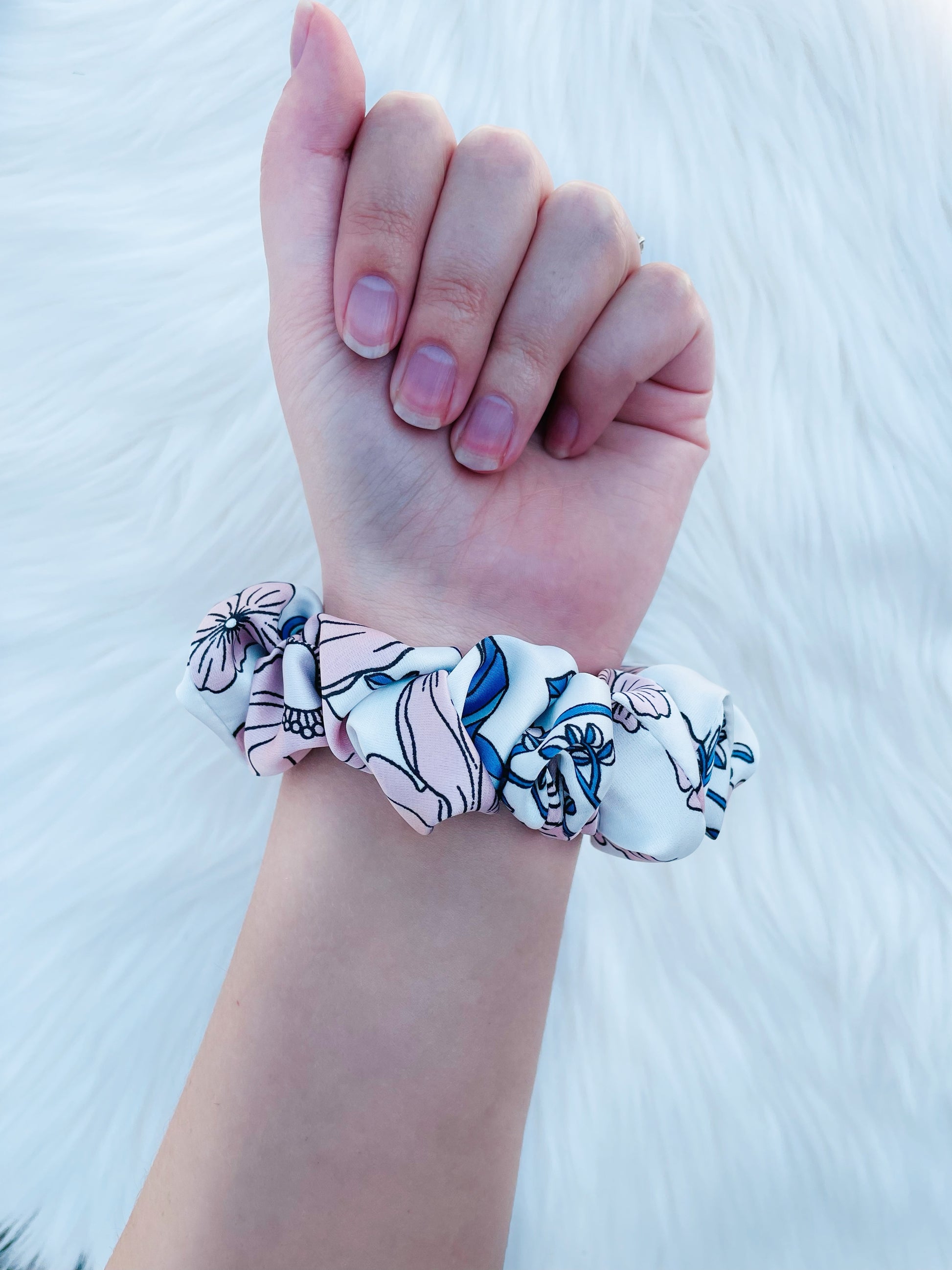 EMALINE MINI | EMI AND CO | floral blue and pink satin scrunchie