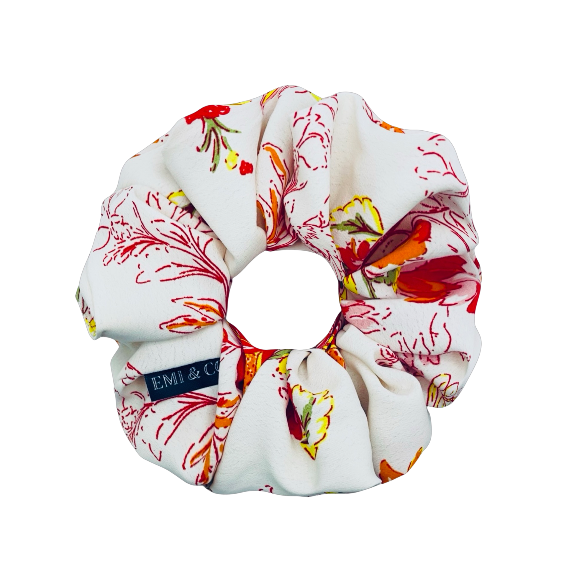 POPPY|EMI AND CO| White and orange floral scrunchie