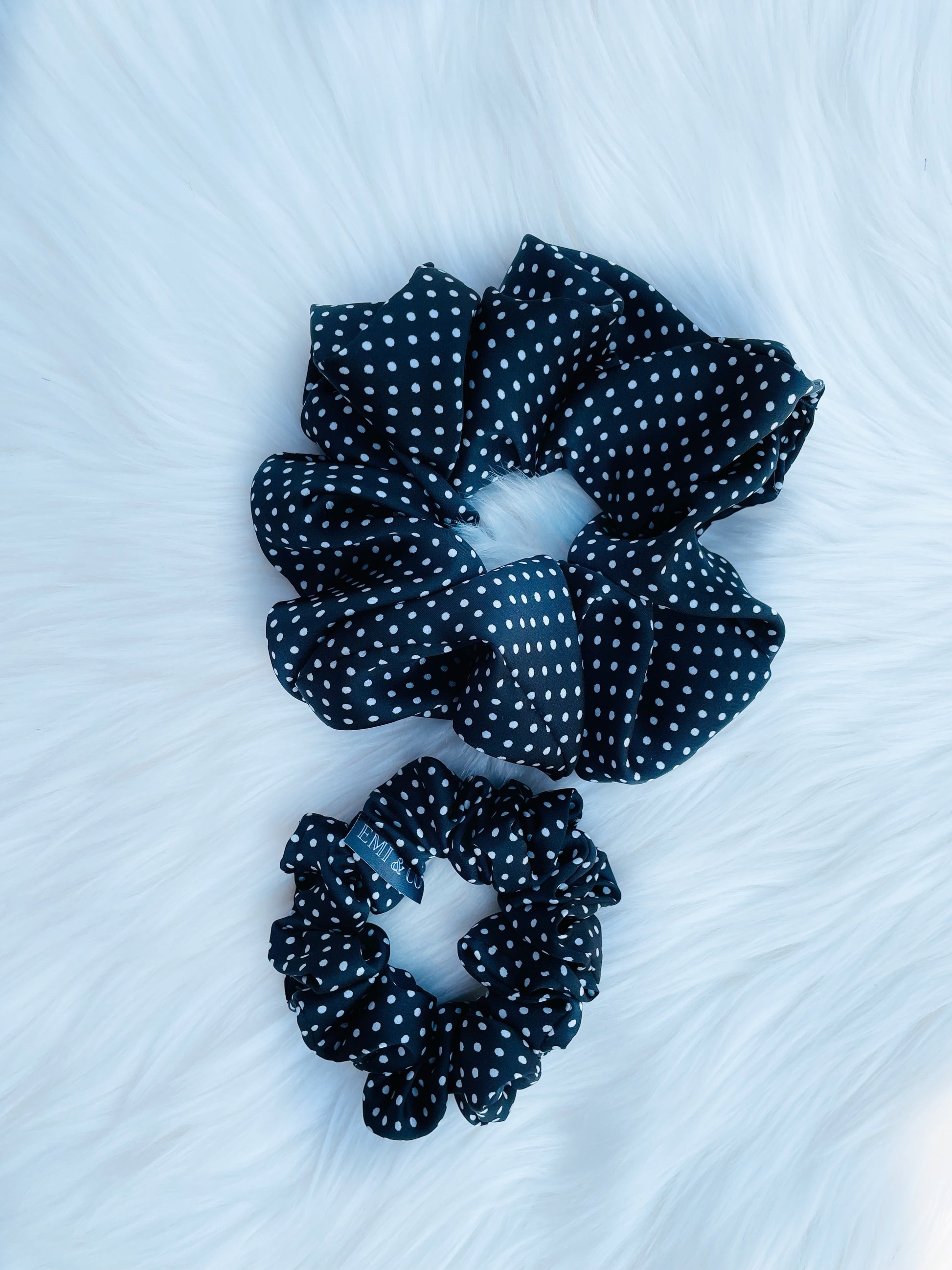 LEILANI |EMI AND CO | black satin polka dot scrunchies