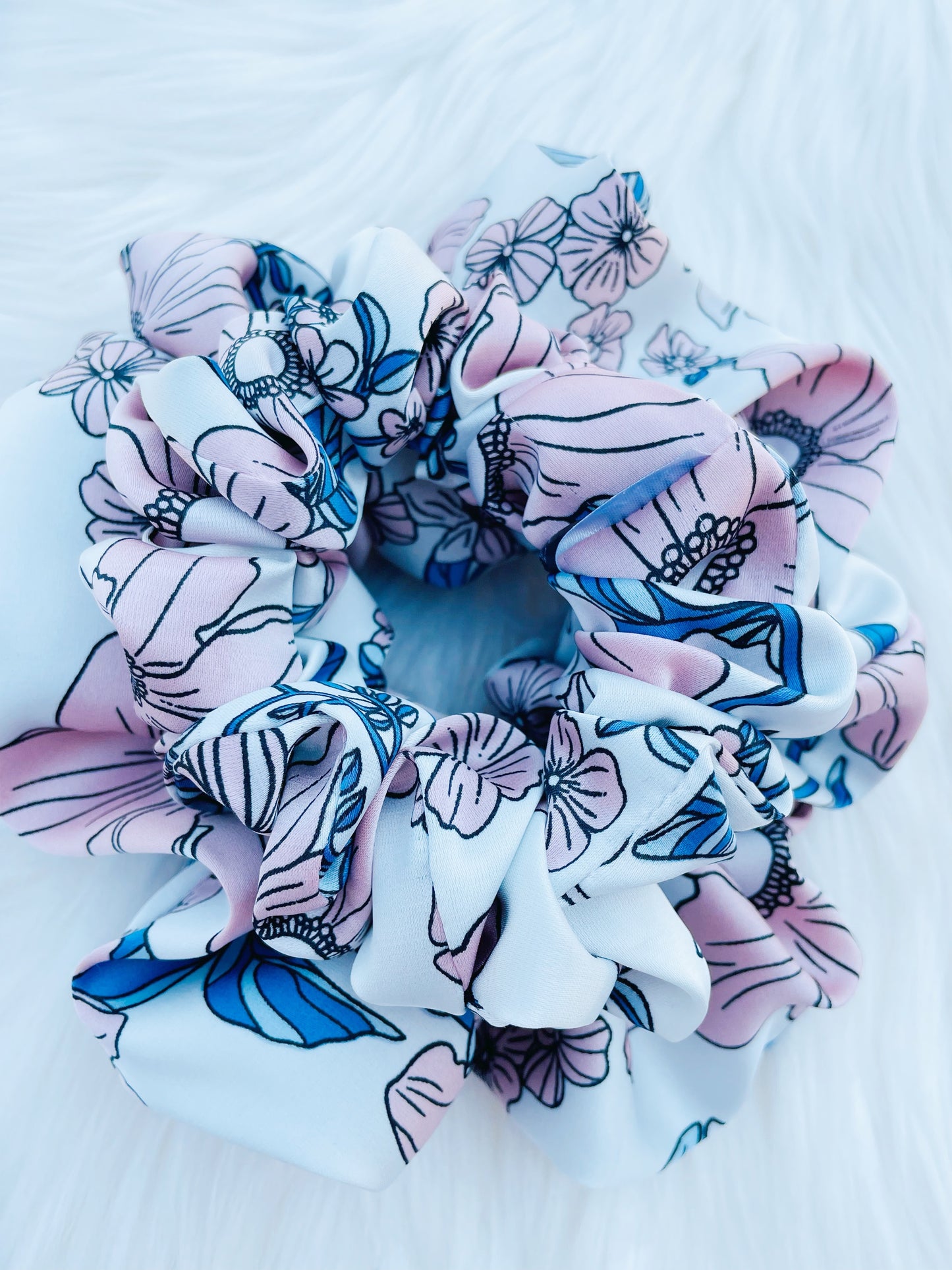 EMALINE| EMI AND CO | floral blue and white satin scrunchies