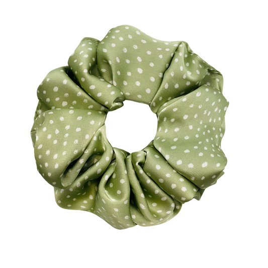 CHASITY | EMI AND CO | green satin polka dot scrunchie