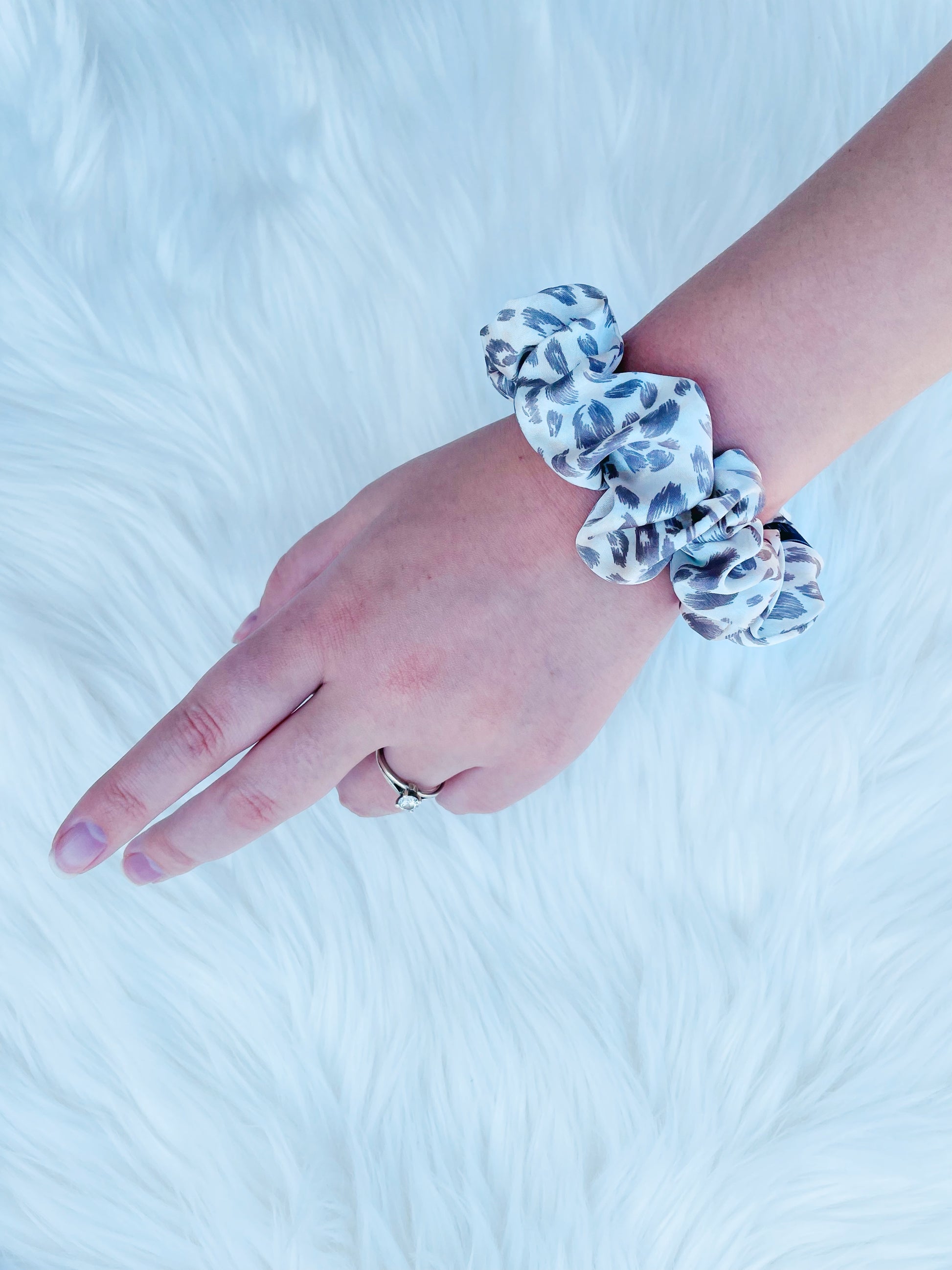 Mini leopard print satin scrunchie on hand| EMI AND CO | AMITY MINI