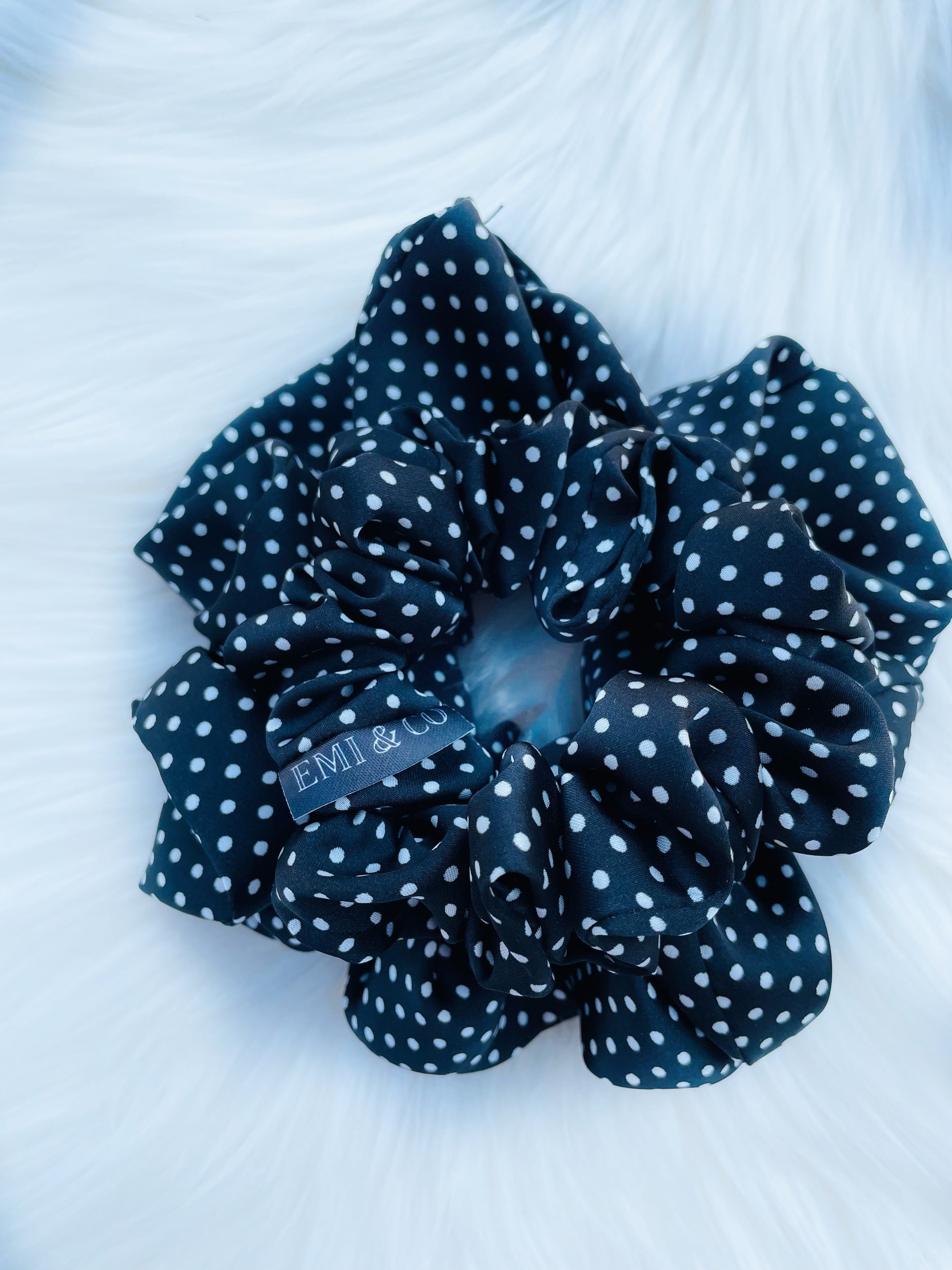 LEILANI MINI |EMI AND CO | mini black satin polka dot scrunchies