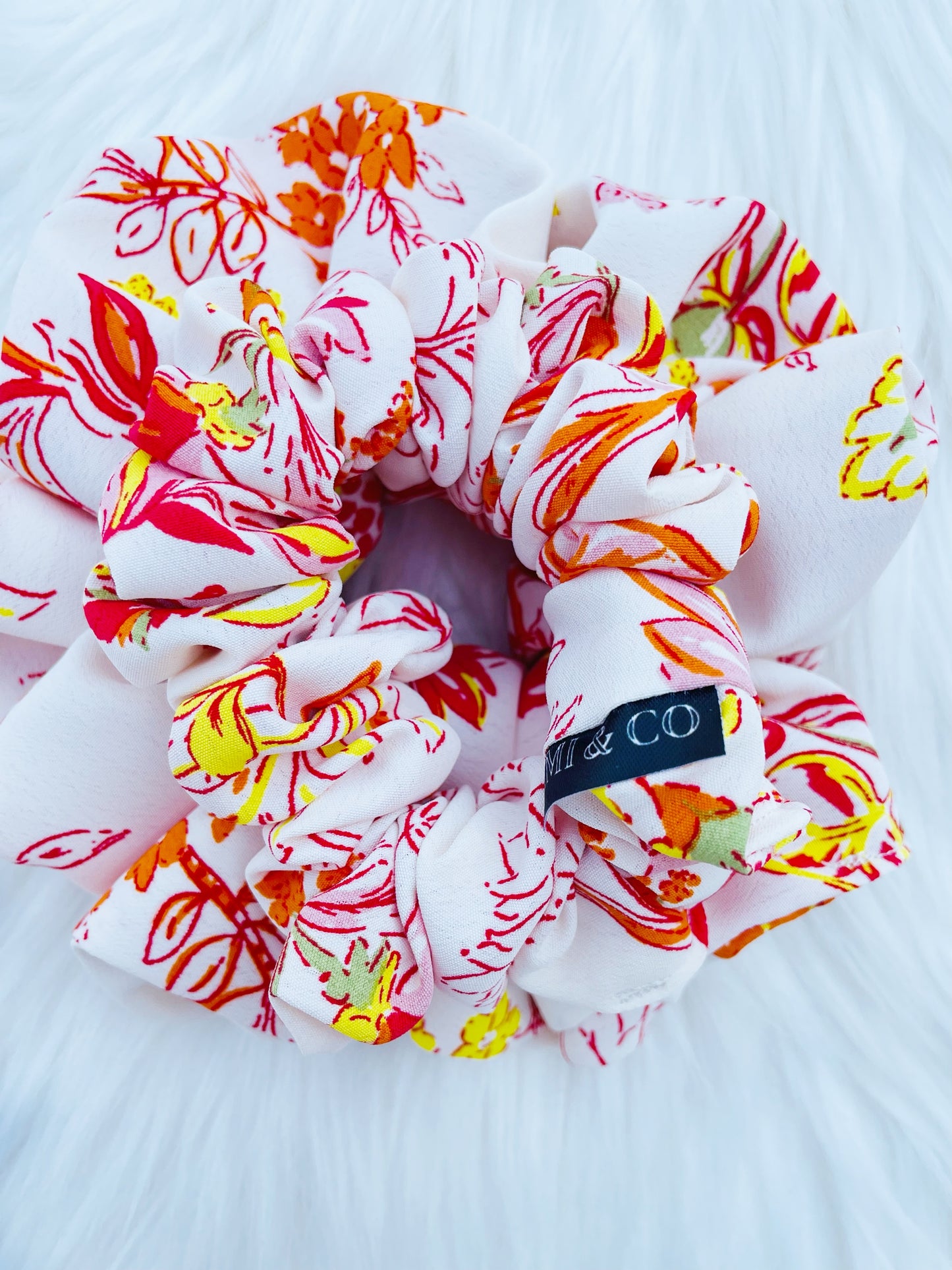 POPPY|EMI AND CO| White and orange floral scrunchies