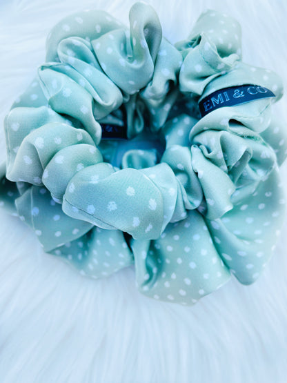 CHASITY | EMI AND CO | green satin polka dot scrunchies 