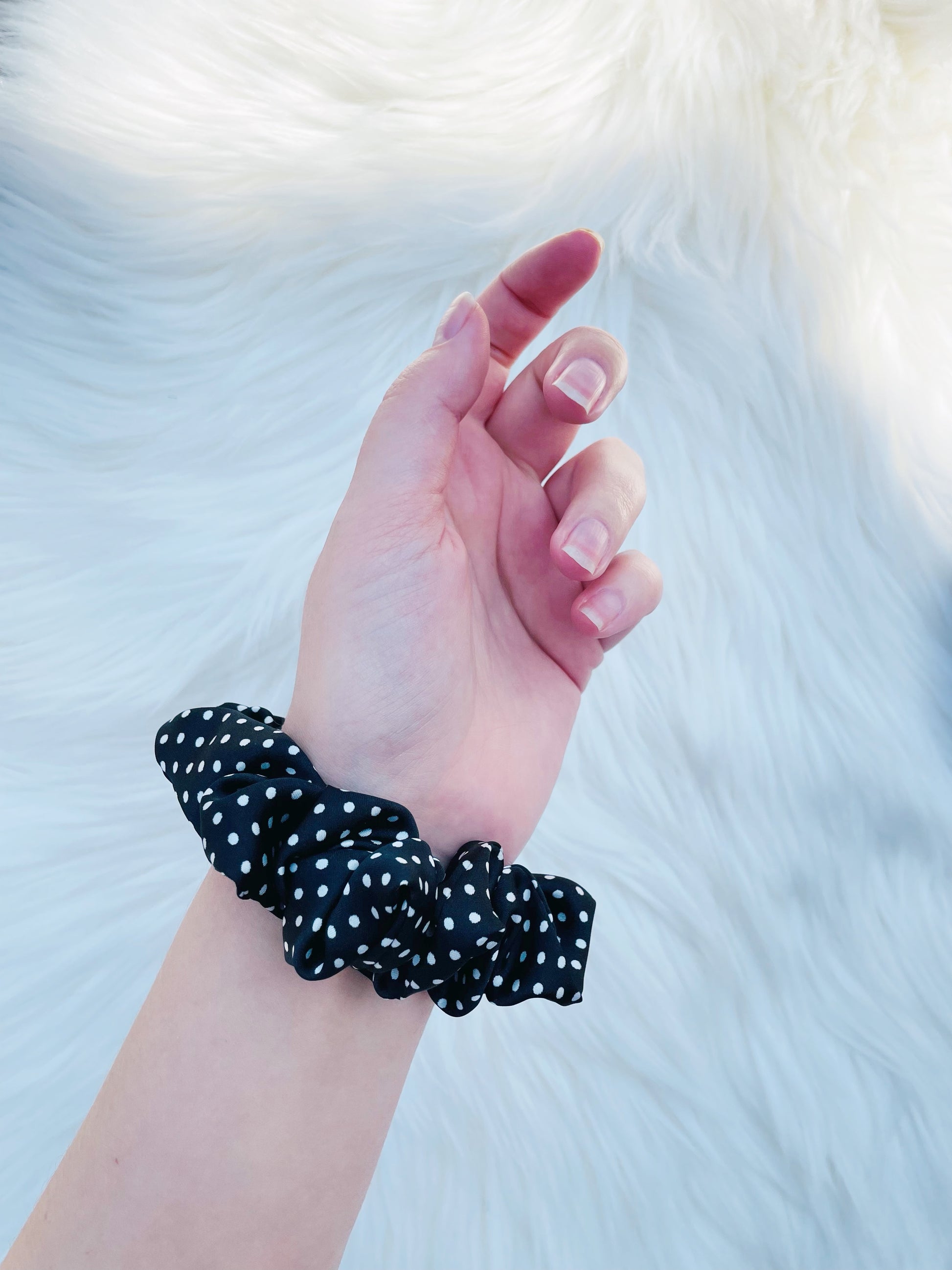 LEILANI MINI |EMI AND CO | mini black satin polka dot scrunchie