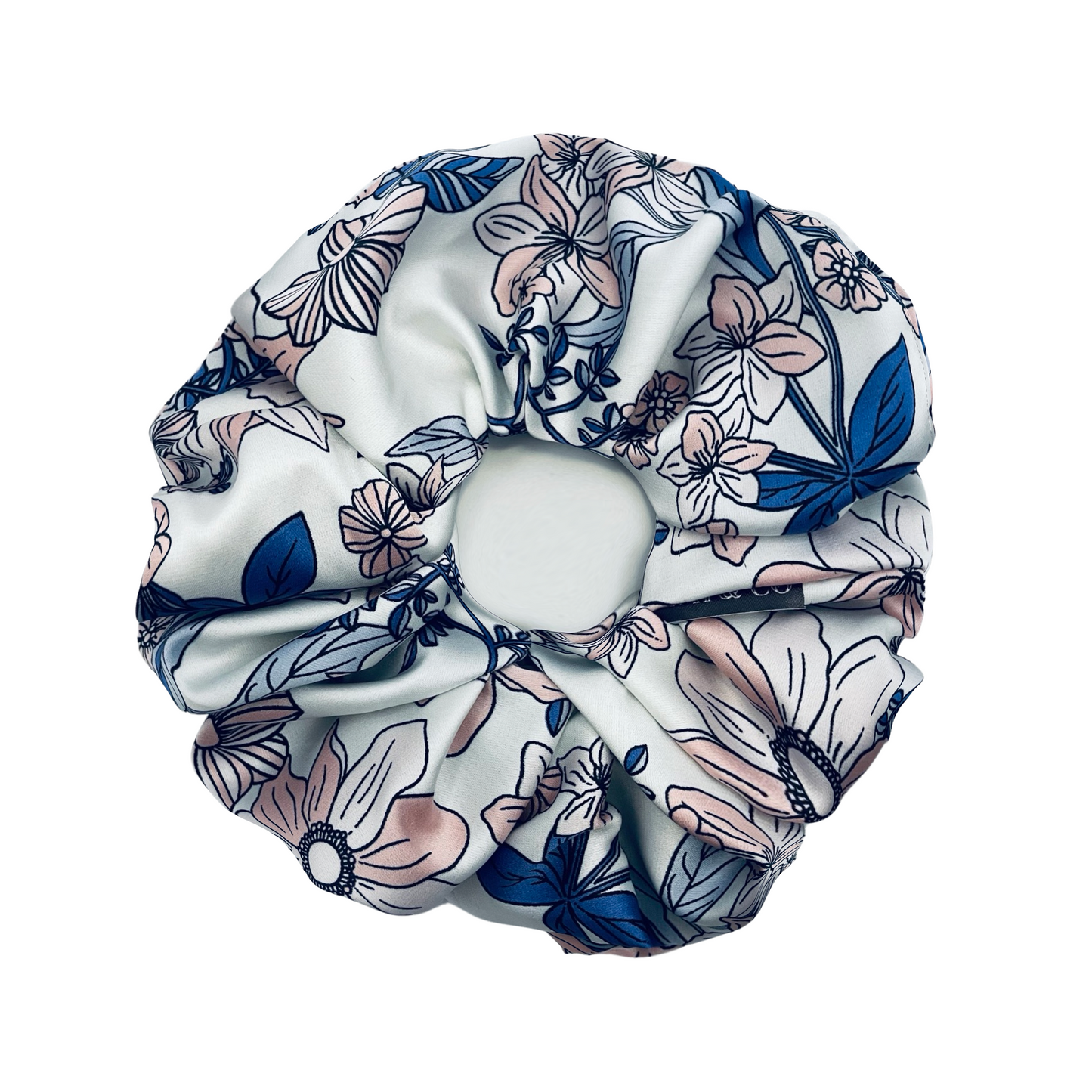 EMALINE| EMI AND CO | floral blue and pink satin scrunchie 