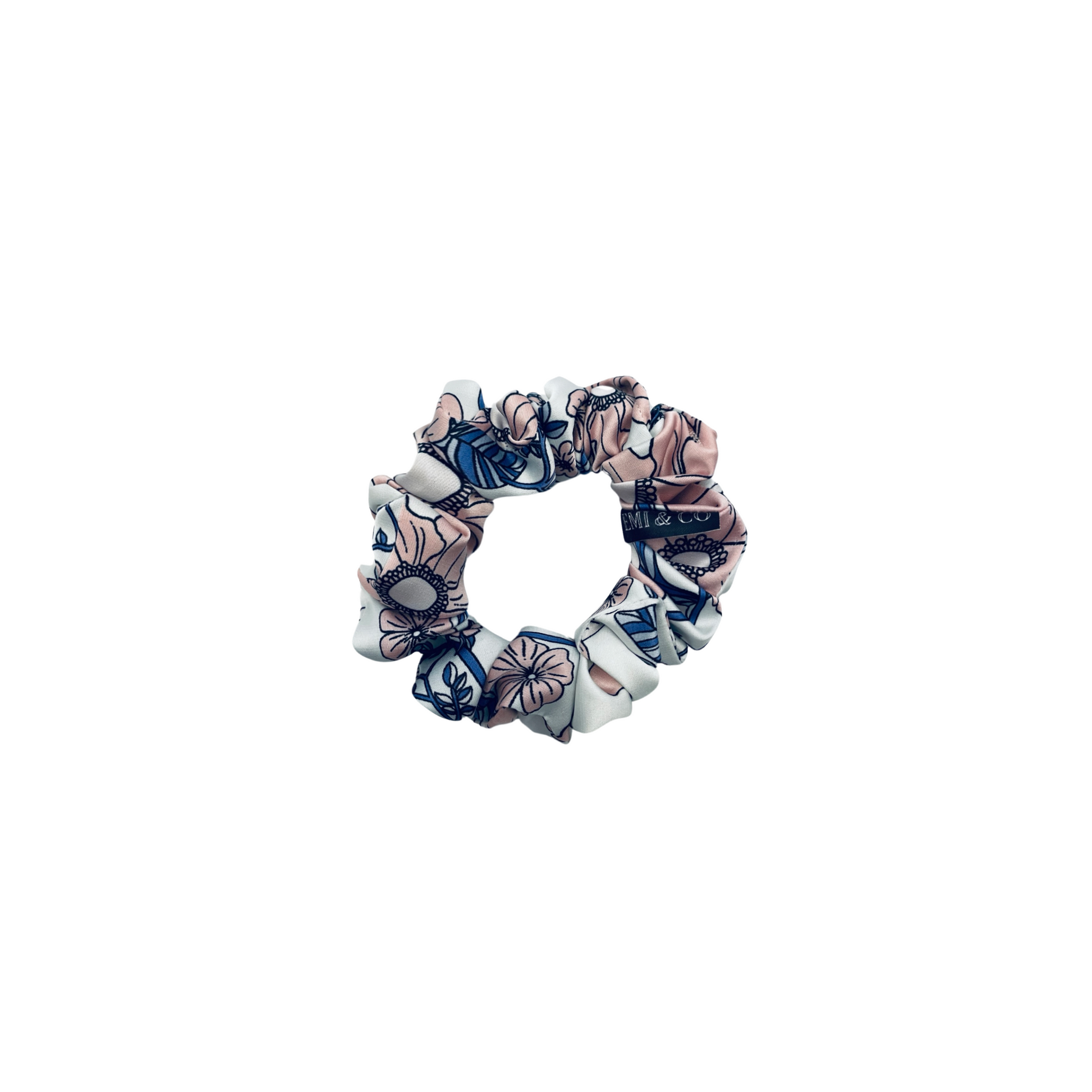 EMALINE MINI |  EMI AND CO | floral pink and blue mini satin scrunchie