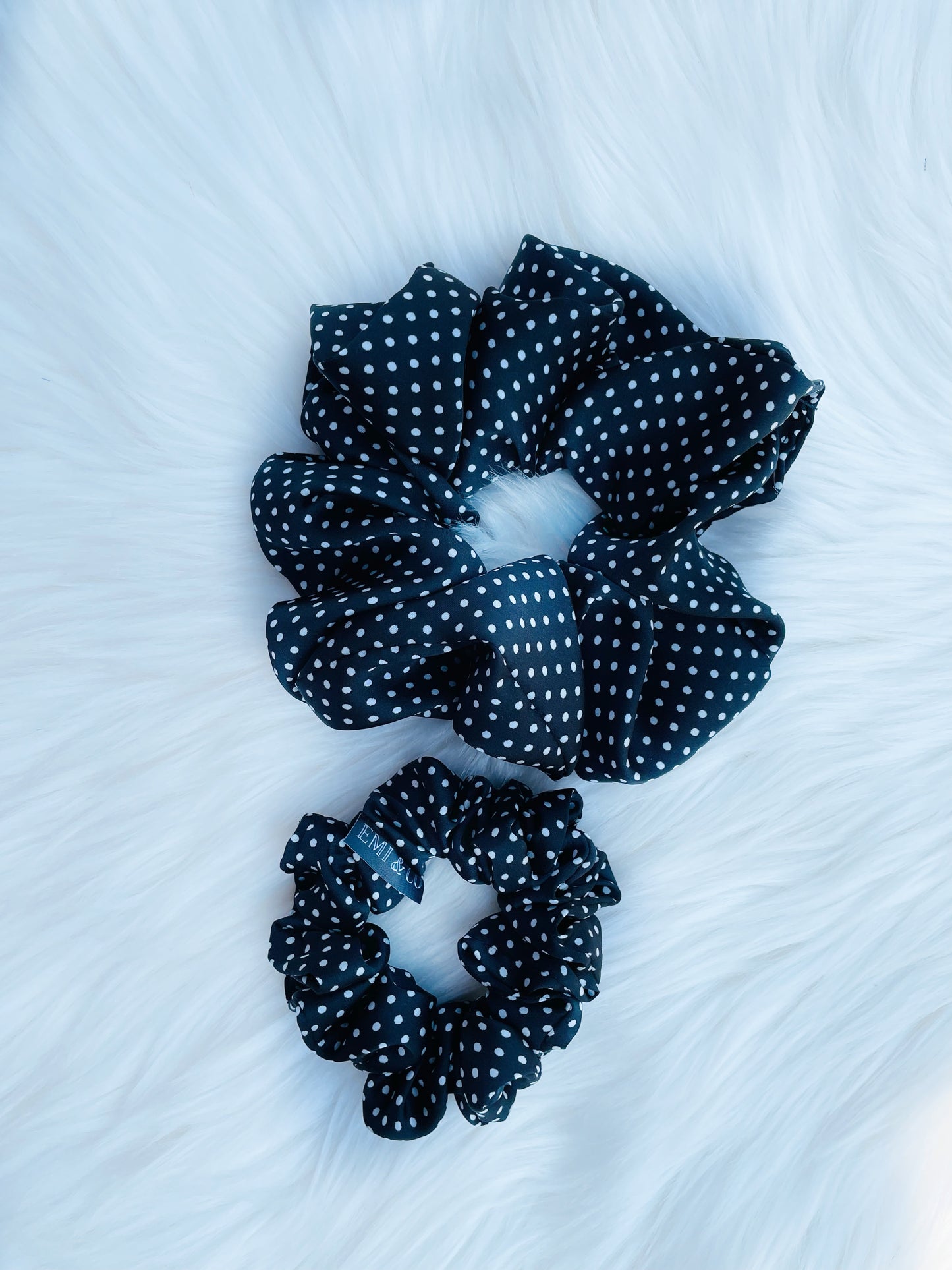 LEILANI MINI |EMI AND CO | mini black satin polka dot scrunchie