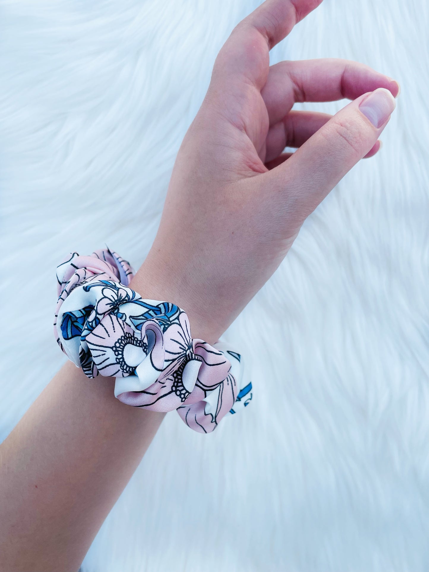 EMALINE MINI| EMI AND CO | floral pink and blue satin mini scrunchie 