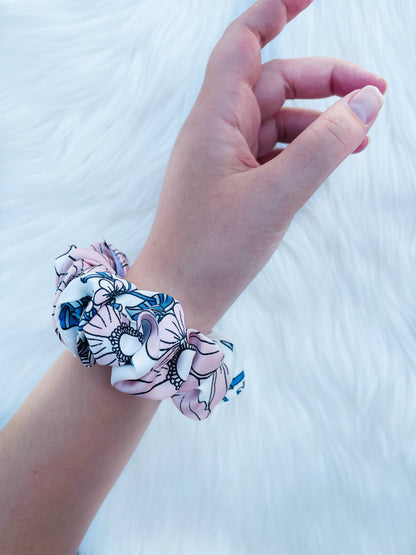 EMALINE MINI| EMI AND CO | floral pink and blue satin mini scrunchie 