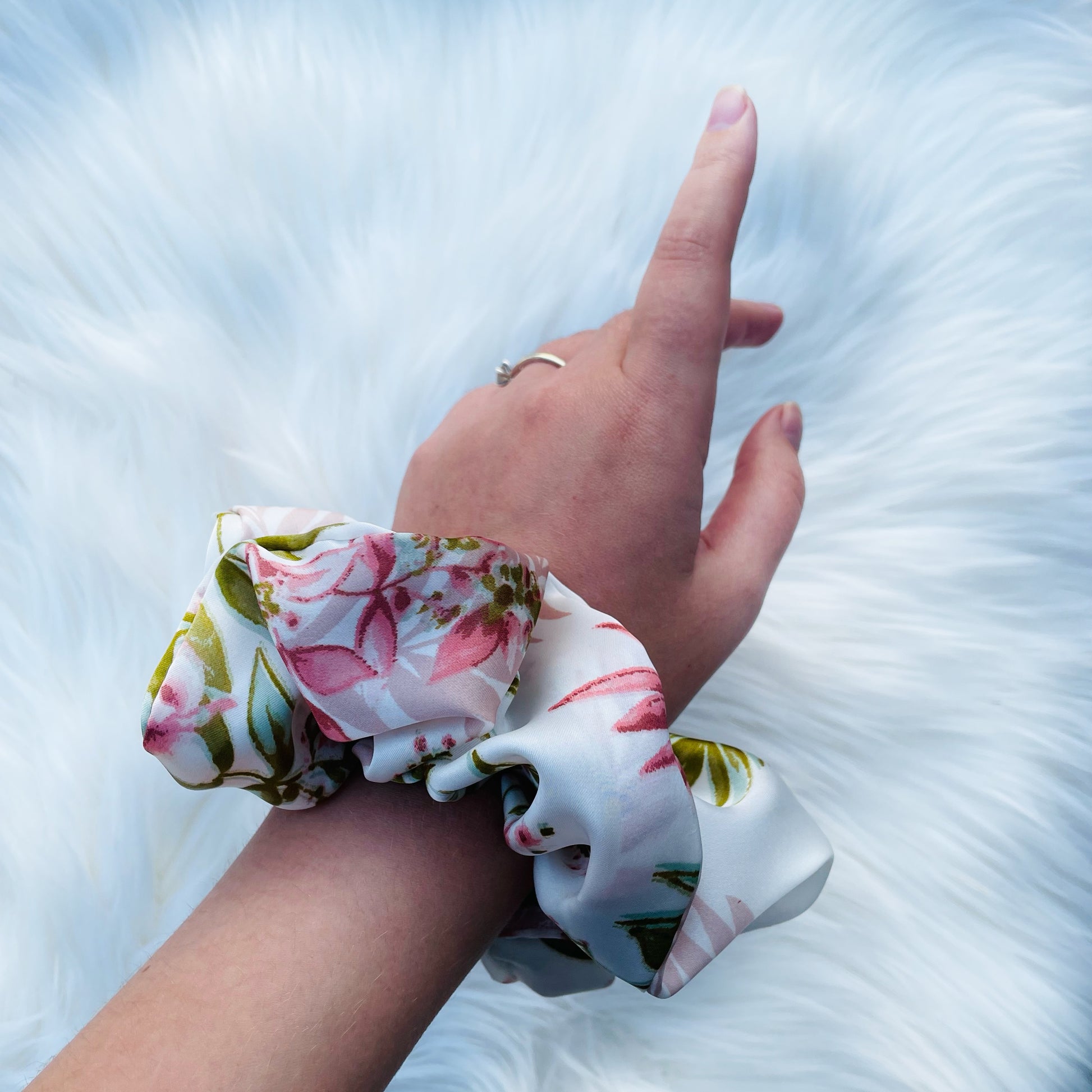 KAYOMI | EMI AND CO | satin pink and green scrunchie on wrist 