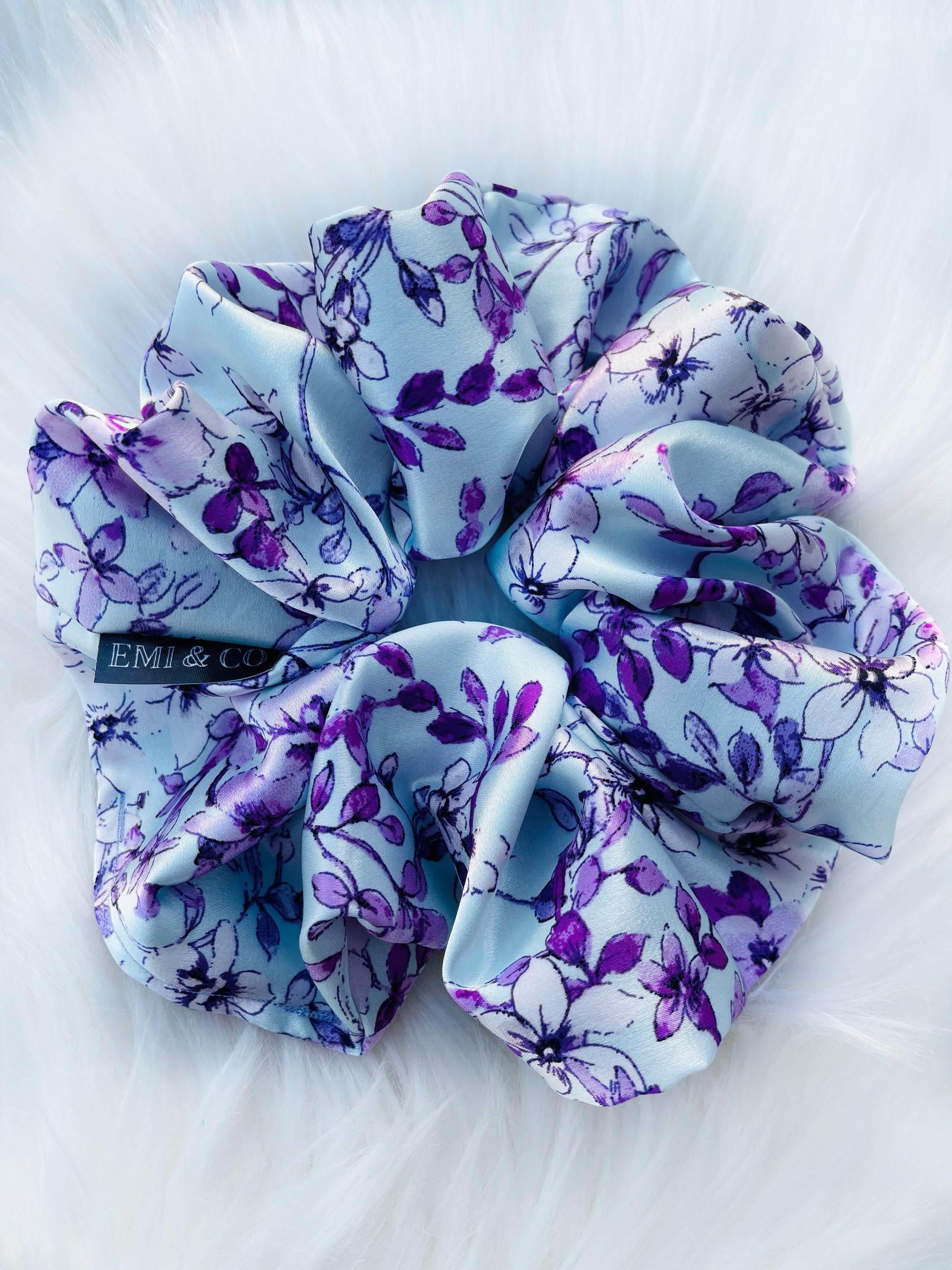 YOLANDA| EMI AND CO | floral purple satin scrunchie