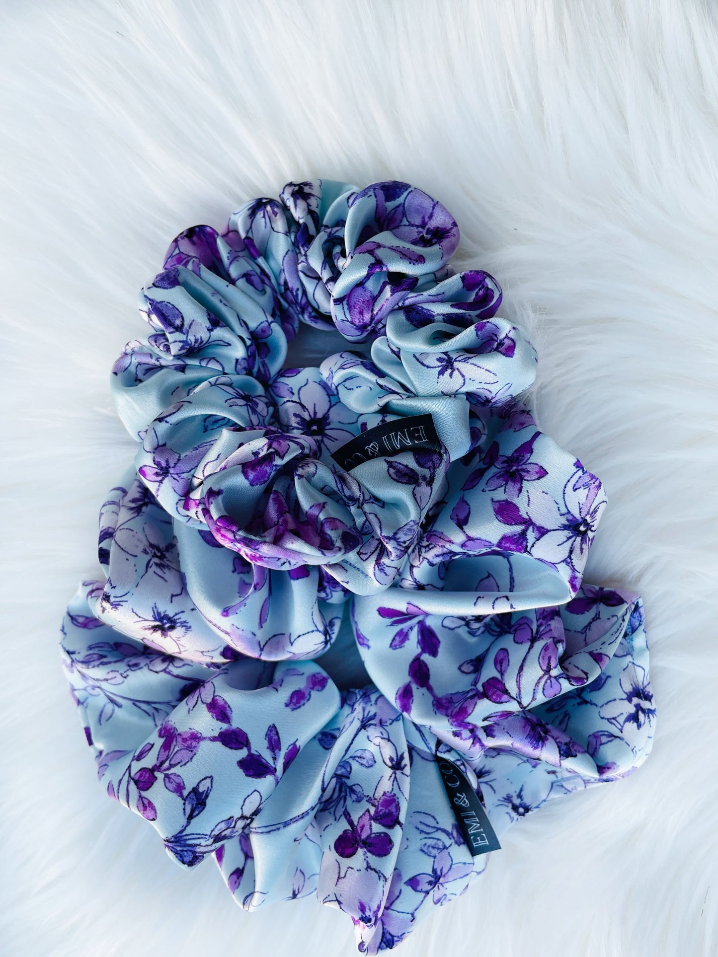 YOLANDA MINI| EMI AND CO | mini floral purple satin scrunchies