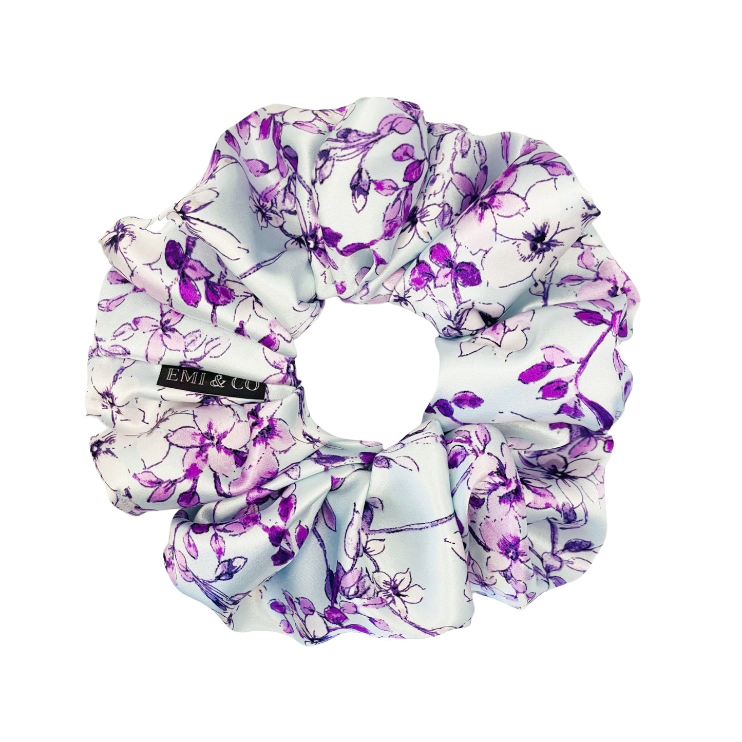 YOLANDA| EMI AND CO | floral purple satin scrunchie