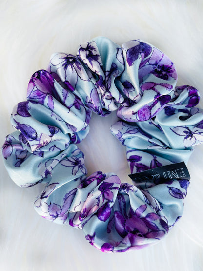 YOLANDA MINI| EMI AND CO | mini floral purple satin scrunchie