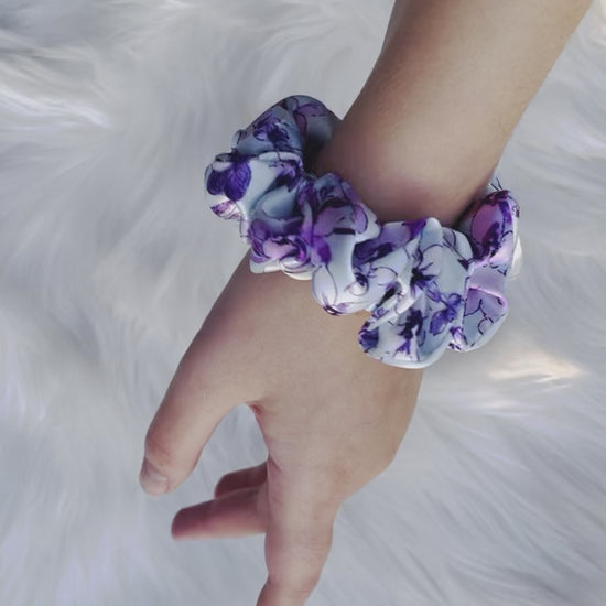 YOLANDA MINI| EMI AND CO | mini floral purple satin scrunchie on wrist 