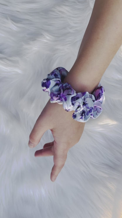 YOLANDA MINI| EMI AND CO | mini floral purple satin scrunchie on wrist 