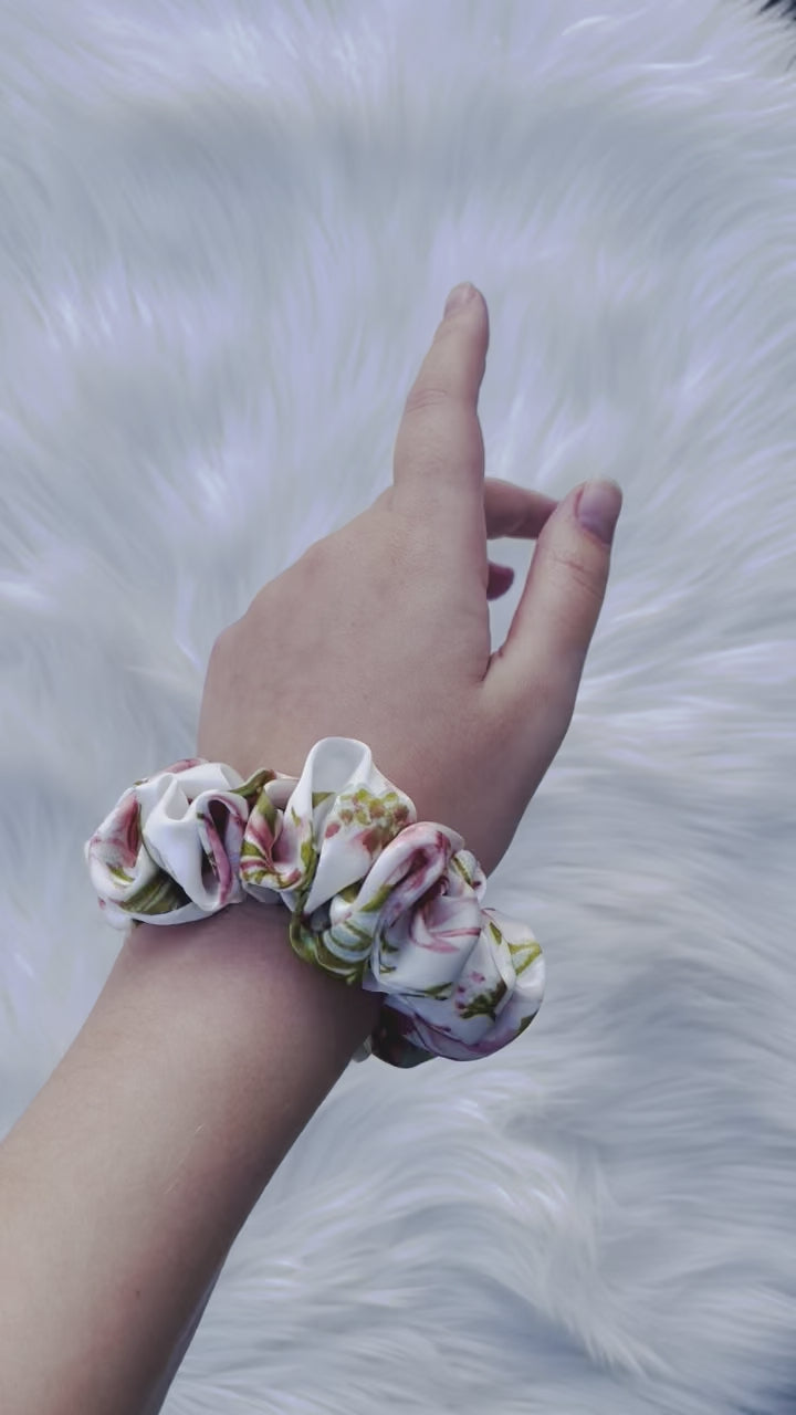 KAYOMI MINI | EMI AND CO | mini satin pink and green scrunchie on wrist 