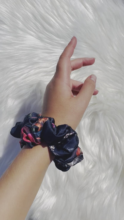 HAILEY | EMI AND CO | floral blue satin scrunchie on wrist 