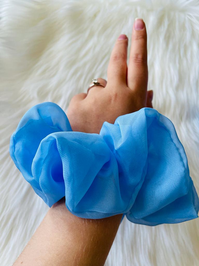 light blue oversized chiffon scrunchie on wrist  | EMI & CO | ALLEGRA 