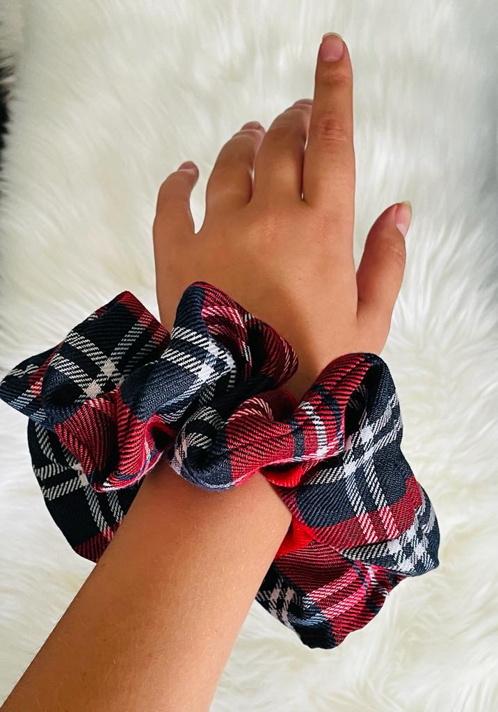 CURIOUS | EMI & CO | oversized red check scrunchie on wrist