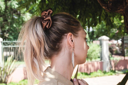 AUDREY | EMI & CO | brown oversized satin scrunchie in woman's hair