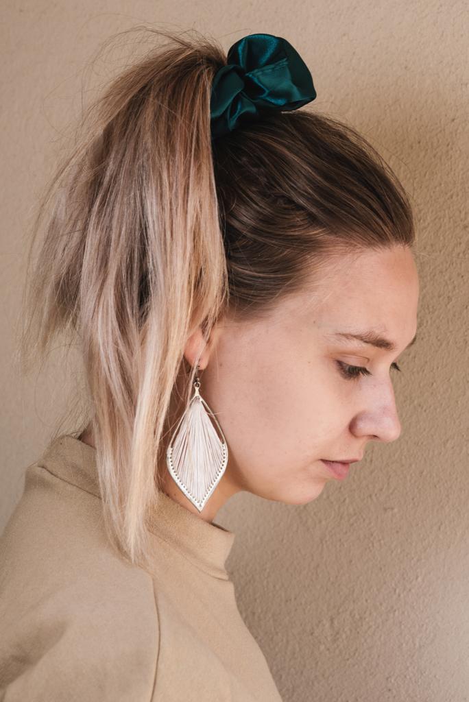 DOVA | EMI & CO | green satin scrunchie in hair