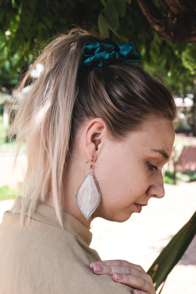 DOVA | EMI & CO | oversized green satin scrunchie in hair