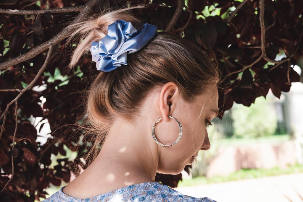 JESSICA | EMI & CO | baby blue satin scrunchie in hair