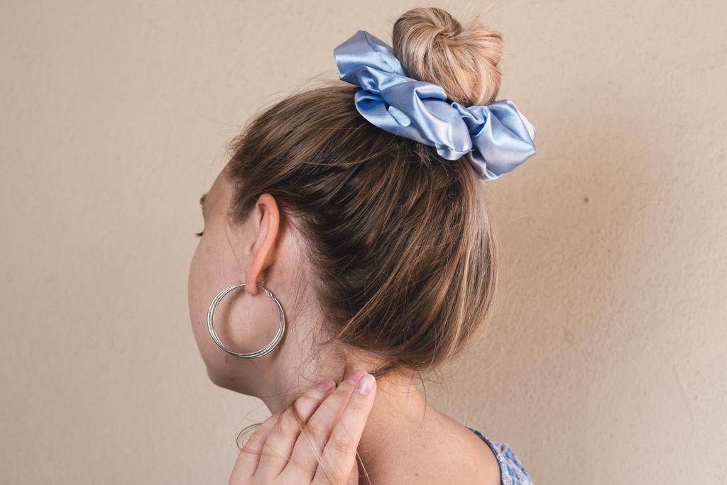 JESSICA | EMI & CO | baby blue satin scrunchie in hair