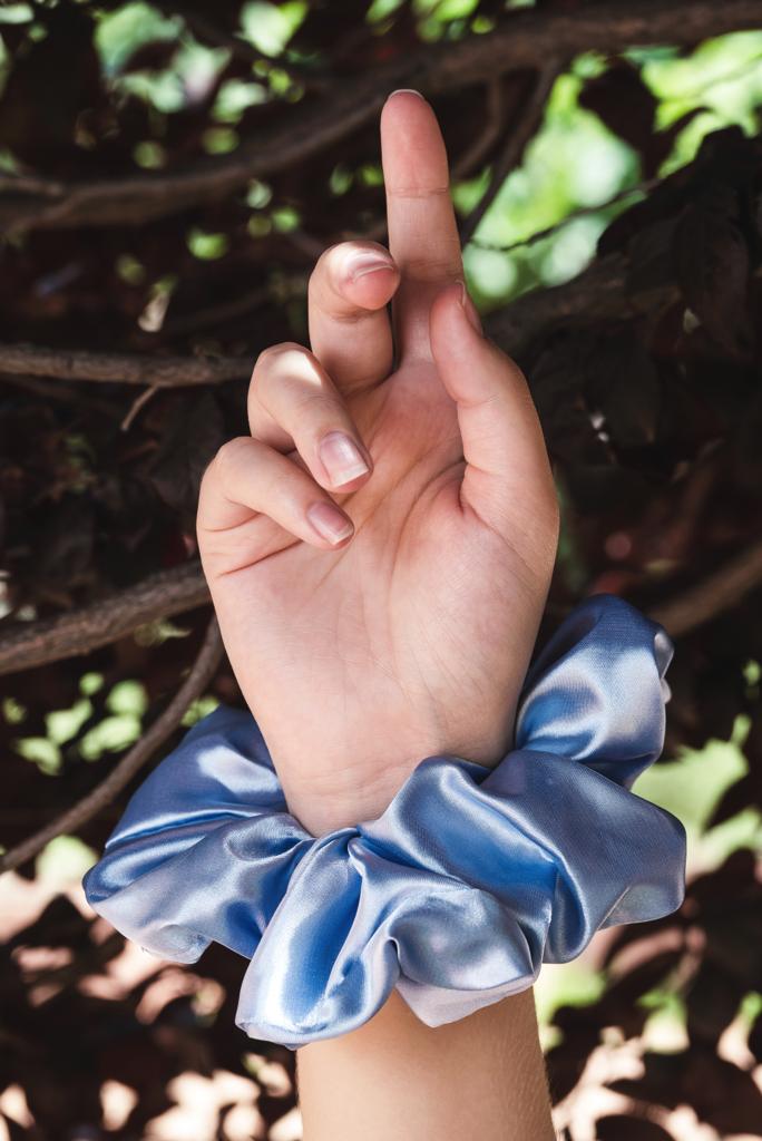 JESSICA | EMI & CO | baby blue satin scrunchie on wrist