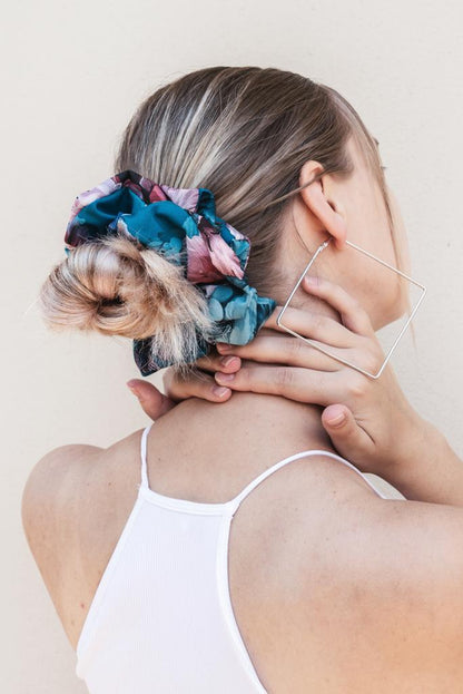 GRACE | EMI & CO | oversized floral blue scrunchie in hair