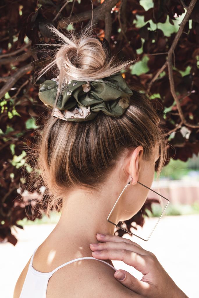 JANE | EMI & CO | floral green oversized scrunchie in hair