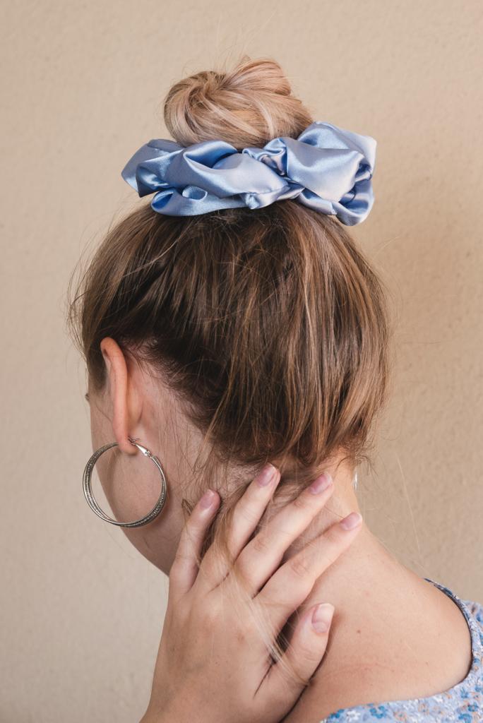 JESSICA | EMI & CO | baby blue satin scrunchie in hair