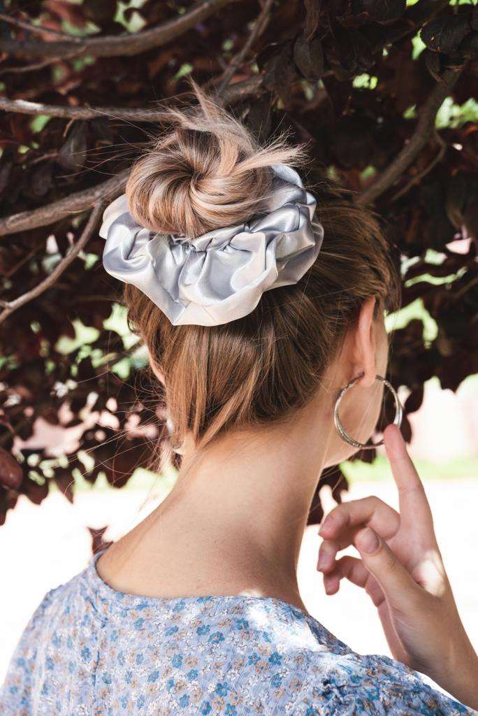 MARGARET | EMI & CO | messy bun with oversize silver satin scrunchie 