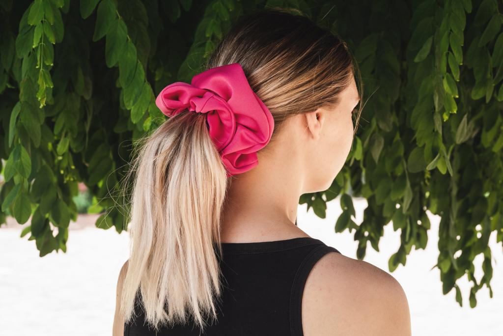 ROSE | EMI & CO | bright pink oversize scrunchie in hair