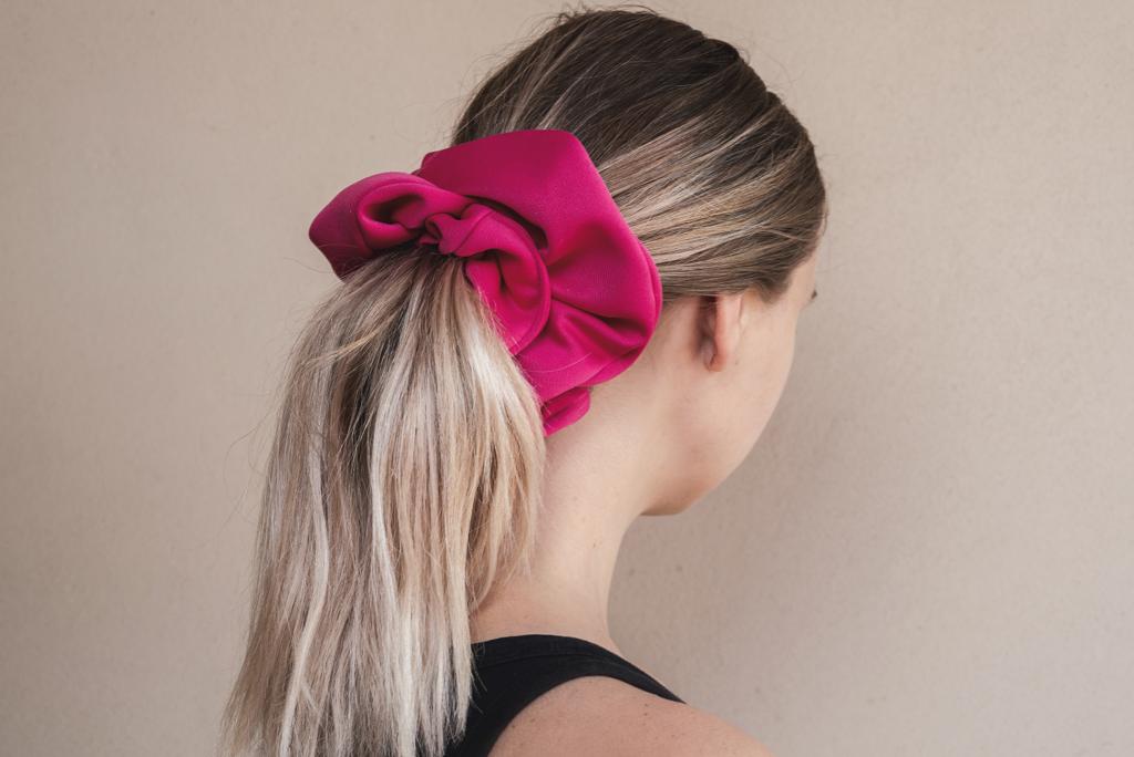 ROSE | EMI & CO | bright pink oversize scrunchie in hair