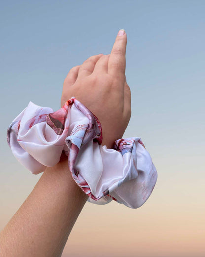 VERA | EMI & CO | oversize pink floral satin scrunchie on wrist