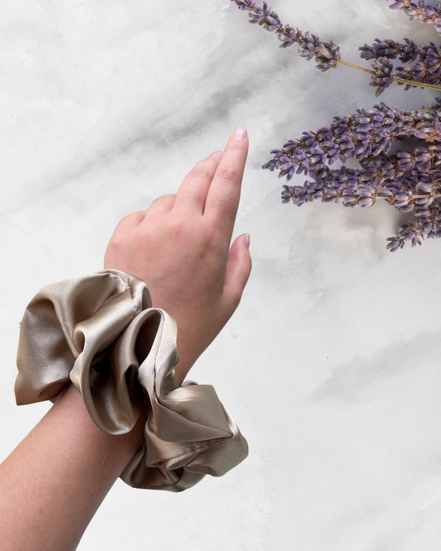 BELLA | EMI & CO | beige satin scrunchie on the wrist