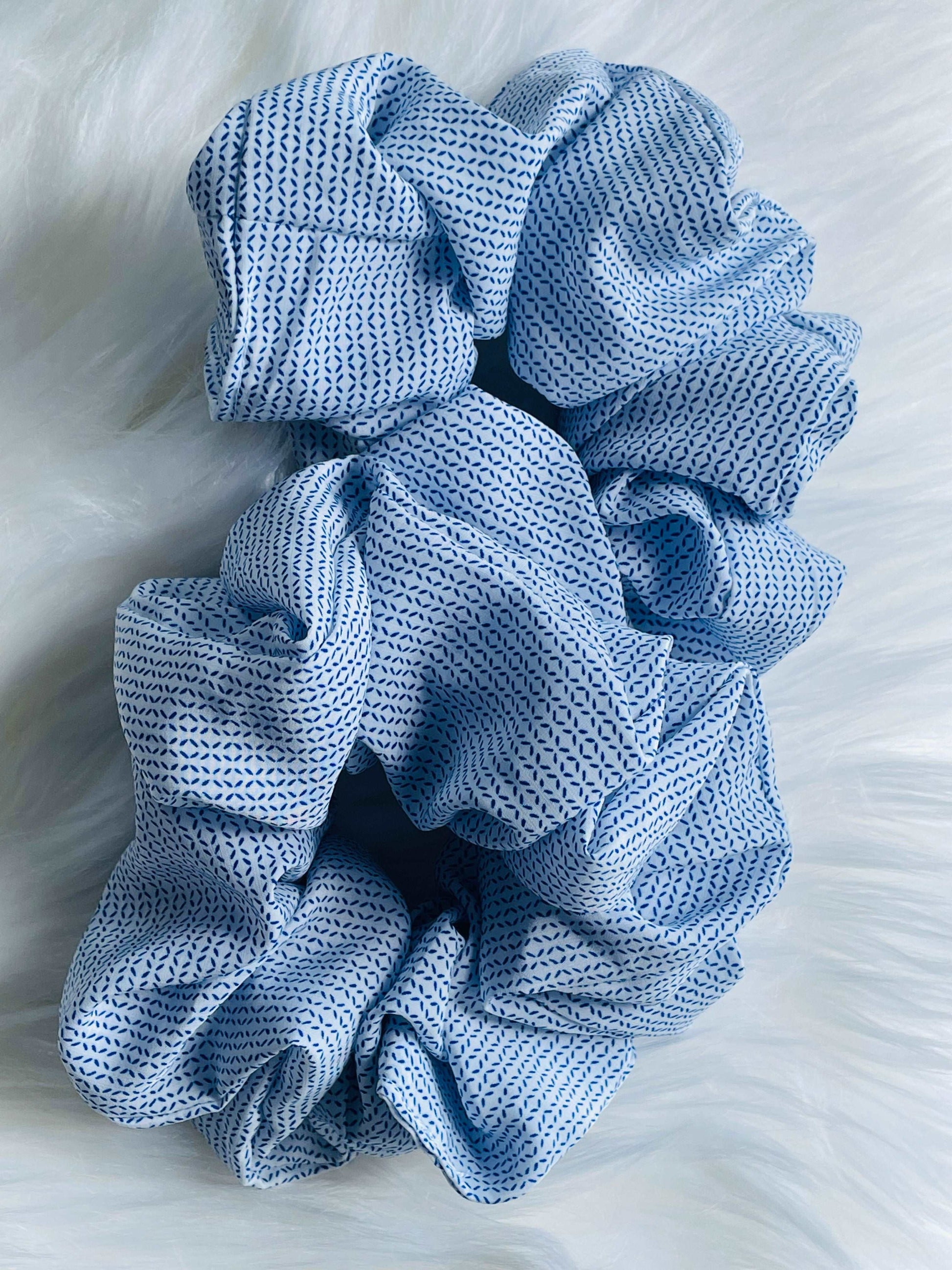 MILA | EMI & CO | patterned white and blue oversize scrunchies