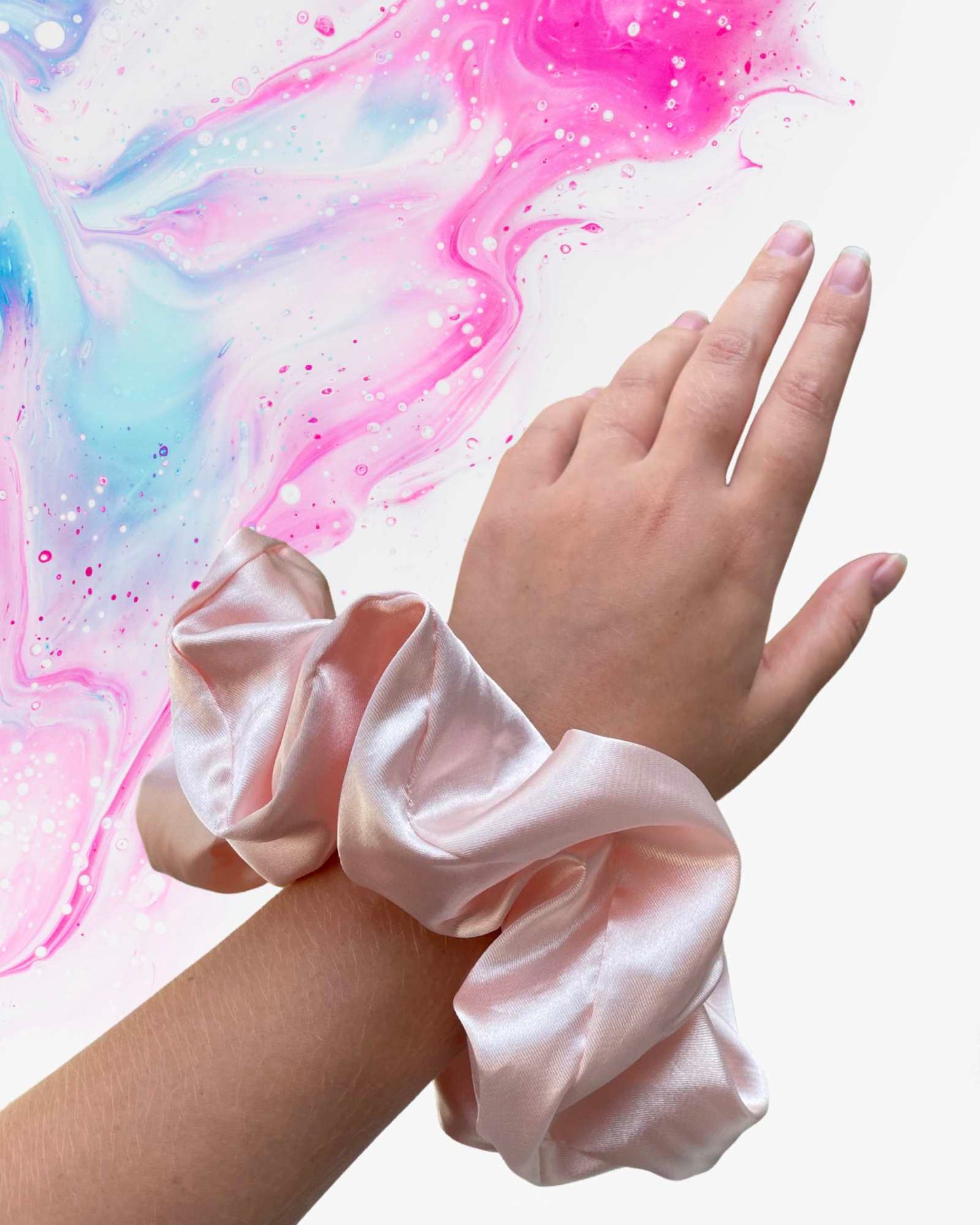 LILIANA | EMI & CO | baby pink oversized satin scrunchie on wrist