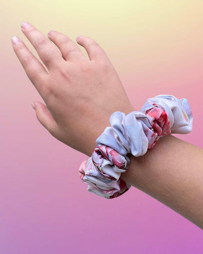 VERA MINI | EMI & CO | mini pink satin floral scrunchie on wrist