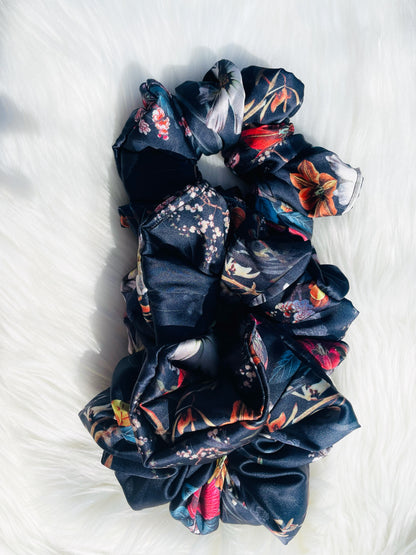 HAILEY| EMI AND  CO | floral satin blue scrunchies 